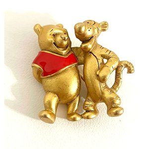 Disney Pooh and Tigger Friends Gold and Red Enamel Brooch 1.25" x 1.25"